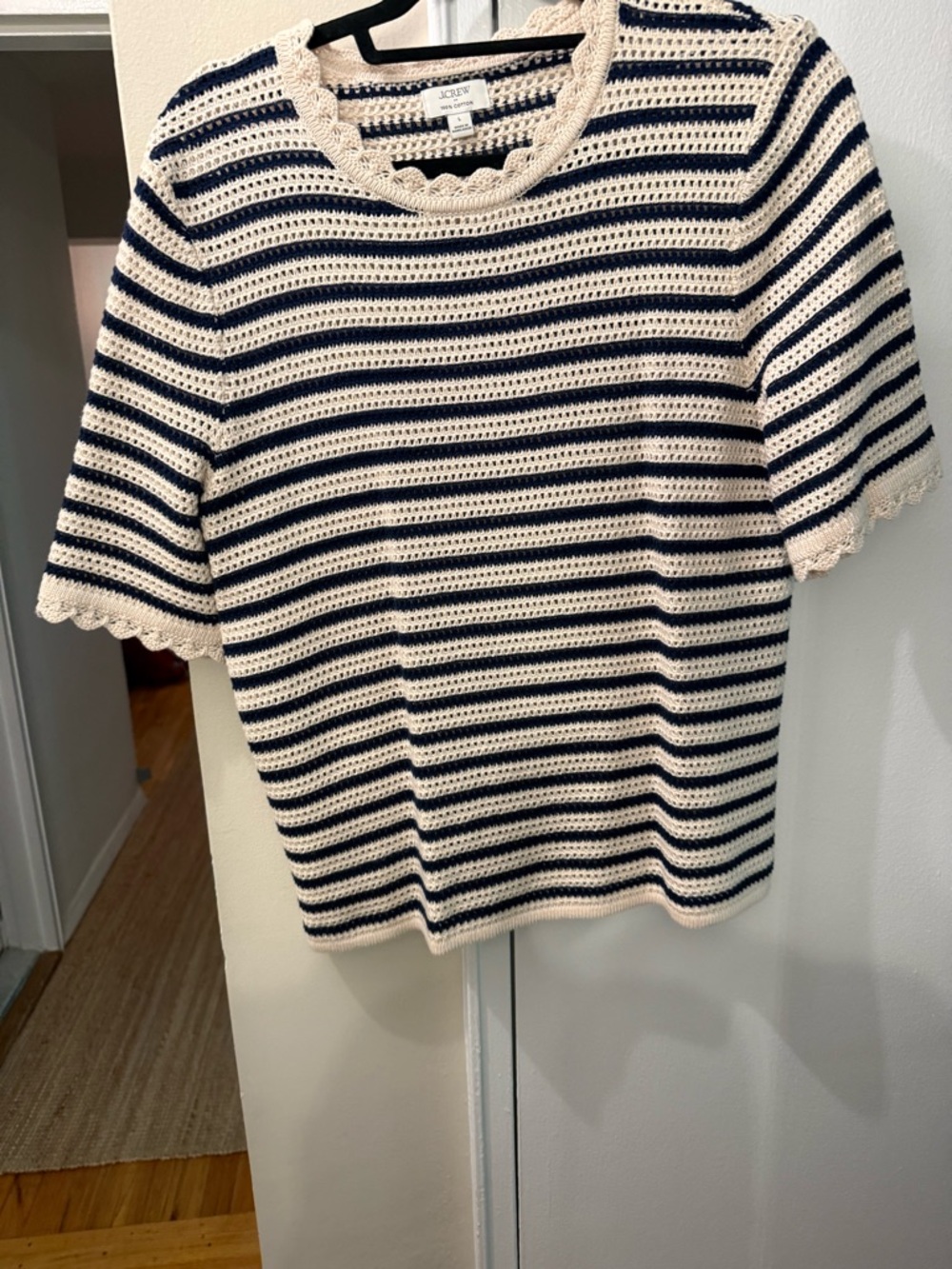 J.Crew factory Nautical Striped Crochet Knit Top - Navy & Cream
